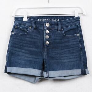 AMERICAN EAGLE The Dream Short Midi Cuffed Dark Denim Button Fly Stretch Sz‎ 0
